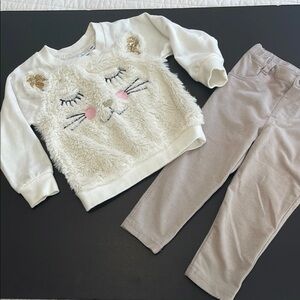 Kids Headquarters Girls 2 pc Cream Beige Cat face w/pants Sequin Size 18 months